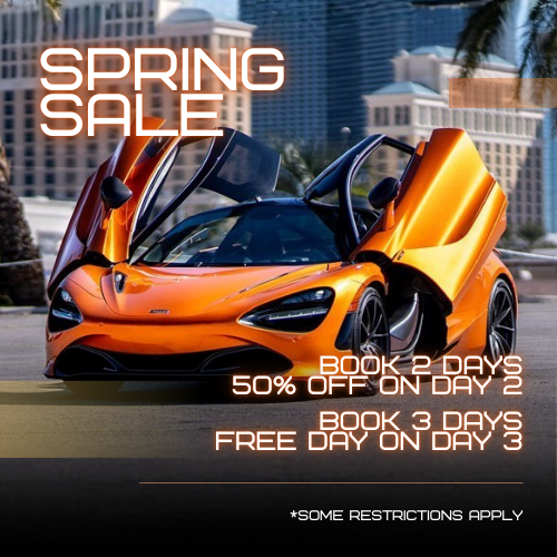 Spring sale promotion with orange luxury sports car from Dream Exotics Las Vegas featuring 50% off day two and a free third day offer.
