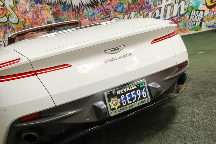 Close-up rear view of white Aston Martin DB11 V12