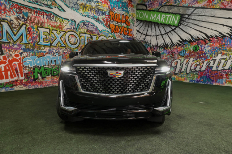 Front view of black Cadillac Escalade ESV in Los Angeles