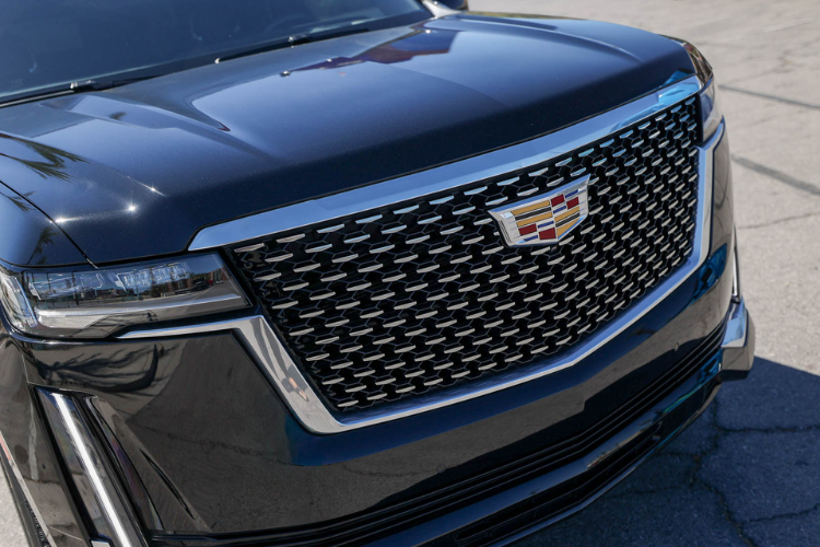 Close-up of Cadillac Escalade ESV grille and emblem