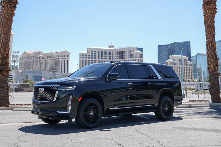 Front side view of black Cadillac Escalade ESV in Las Vegas