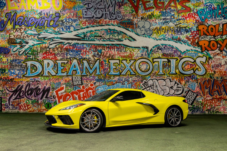 Yellow Chevrolet Corvette C8 sports car rental in Los Angeles from Dream Exotics.