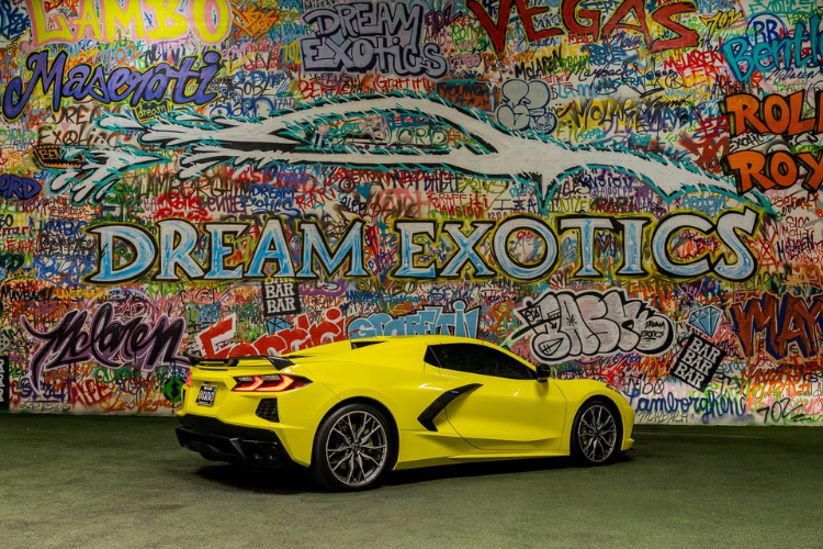 Yellow Chevrolet Corvette C8 sports car rental in Los Angeles from Dream Exotics.