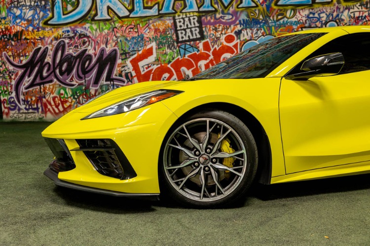 Yellow Chevrolet Corvette C8 sports car rental in Los Angeles from Dream Exotics.