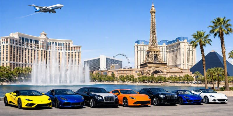 Dream Exotics Las Vegas Location Dream Exotics luxury and exotic car lineup on the Las Vegas Strip near the Bellagio fountains