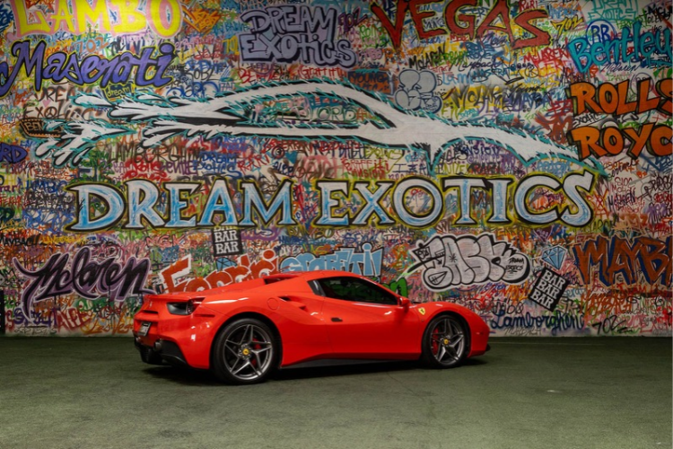 Rear profile of red Ferrari 488 Spider rental in Los Angeles