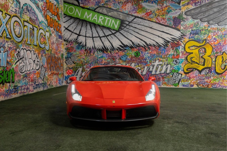 Front view of red Ferrari 488 Spider rental in Los Angeles
