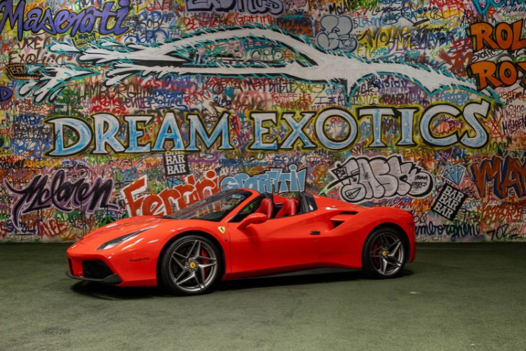 Side angle of red Ferrari 488 Spider rental in Los Angeles