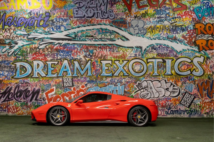 Side angle of red Ferrari 488 Spider rental in Los Angeles