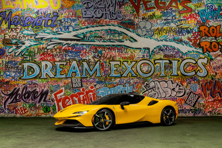 Yellow Ferrari SF90 Stradale luxury supercar rental in Los Angeles from Dream Exotics.