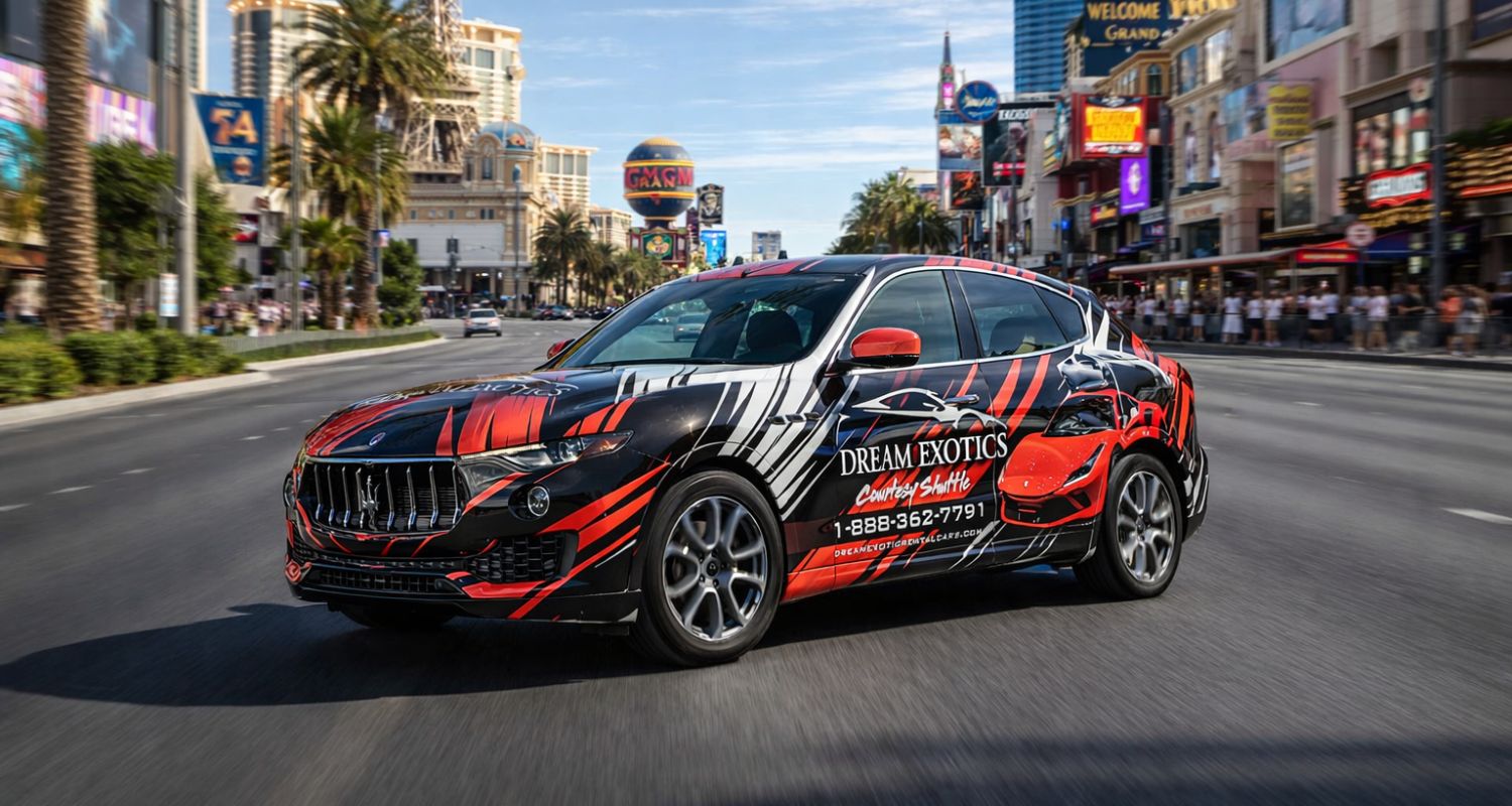 Maserati on Las Vegas Blvd with Dream Exotics Wrapped body.