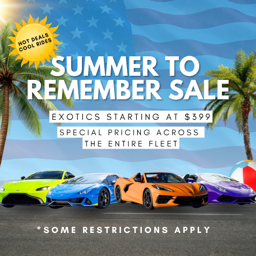 Dream Exotics Summer to Remember Sale graphic featuring luxury exotic rental cars in Las Vegas, including a green Aston Martin, blue Lamborghini Huracán, orange Chevrolet Corvette, and purple Lamborghini Huracán with summer-themed palm trees and special pricing starting at $399.