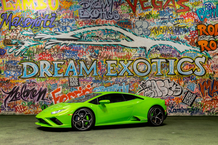 Bright green Lamborghini Huracán EVO Coupe rental in Los Angeles from Dream Exotics.