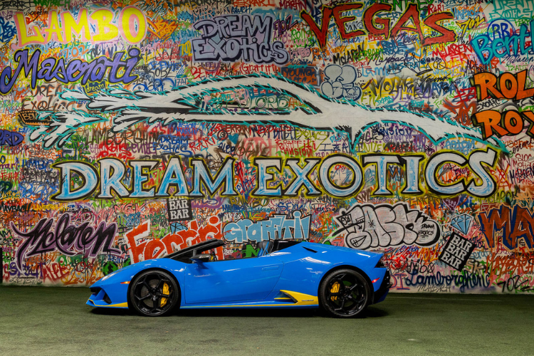 Blue Lamborghini Huracán EVO Spyder convertible rental in Los Angeles from Dream Exotics.
