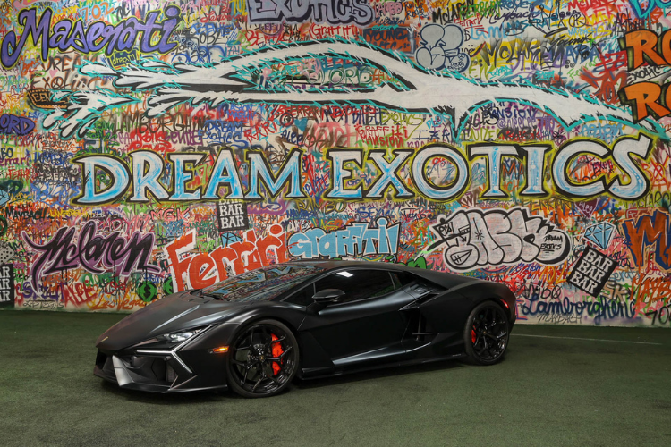 Front side view of black Lamborghini Revuelto in Los Angeles