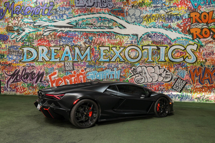 Rear side view of black Lamborghini Revuelto