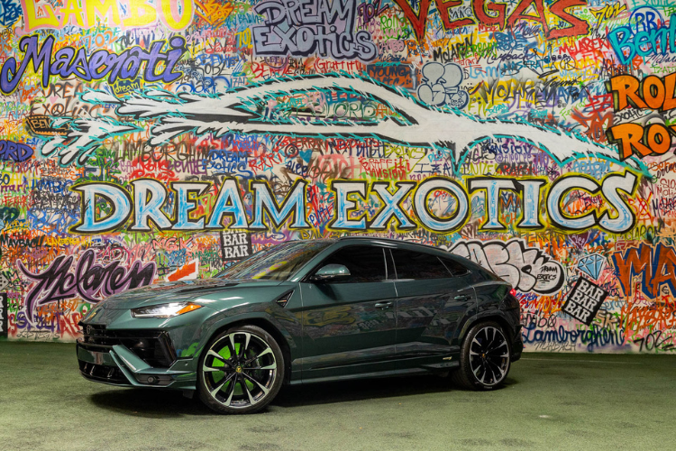 Green Lamborghini Urus luxury SUV rental in Los Angeles from Dream Exotics.