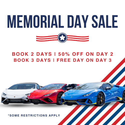 Dream Exotics Memorial Day sale graphic in Las Vegas featuring three Lamborghini sports cars in white, red, and blue with a patriotic design, promoting “Book 2 days, get 50% off day 2” and “Book 3 days, get day 3 free,” with a note that some restrictions apply.