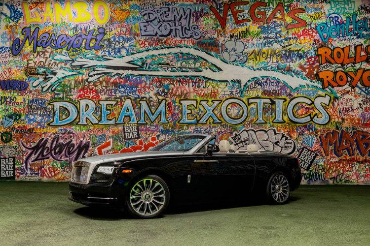 Black and silver Rolls-Royce Dawn convertible rental in Los Angeles from Dream Exotics.