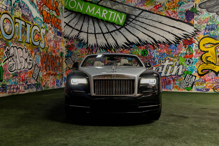 Black and silver Rolls-Royce Dawn convertible rental in Los Angeles from Dream Exotics.