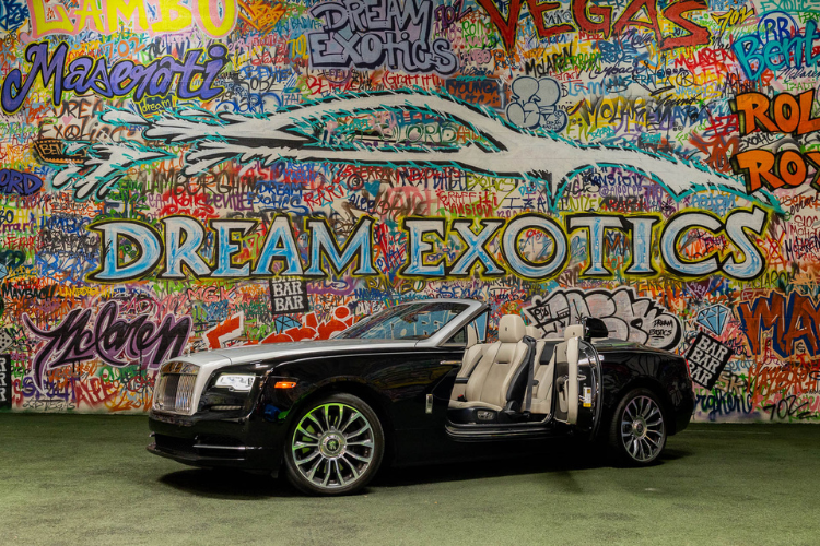Black and silver Rolls-Royce Dawn convertible rental in Los Angeles from Dream Exotics.
